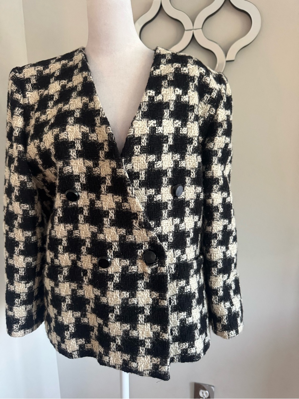 Lord & Taylor Black and Cream Houndstooth Double-Breasted Blazer